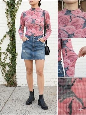 Kate Hewko Y2K Style Pink Rose Print Textured Mock Neck Stretch Top Women’s S-L